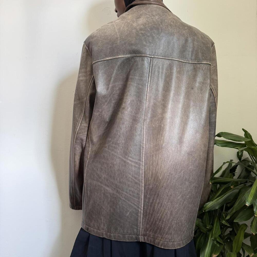 VINTAGE Distressed Earth Tone Leather Car Coat - Y2K Leather Limited Size LT - Picture 5 of 8